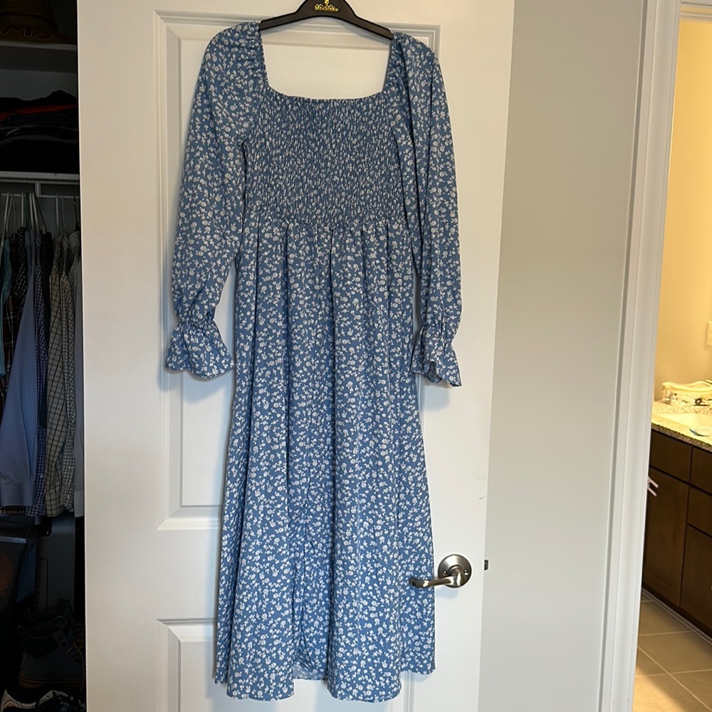 Carolina blue midi dress, smocked bust, long sleeves
